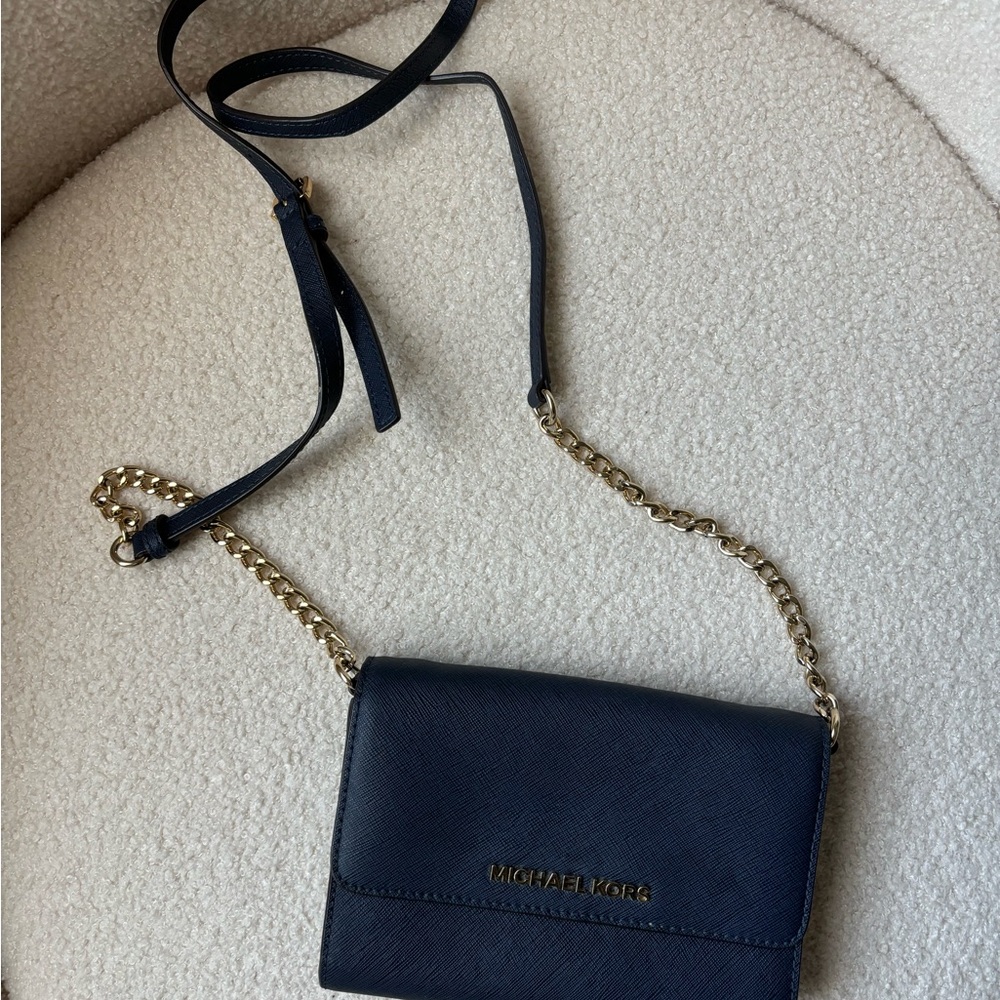 Michael Kors Dark Blue Crossbody with Gold Chain